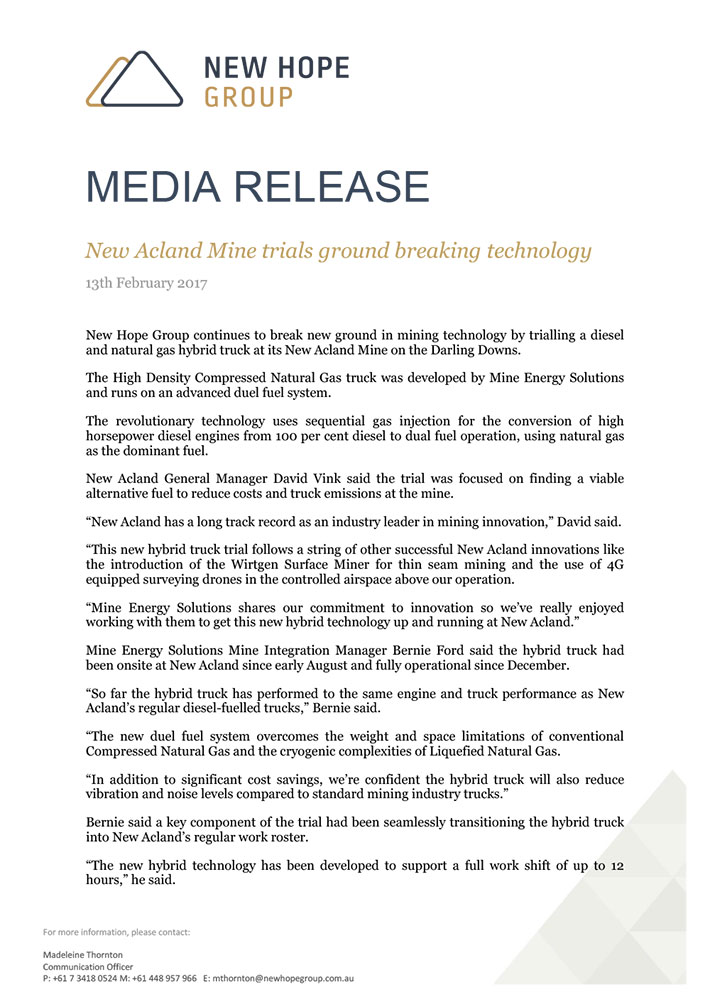 Media Release: New Acland Mine trials ground breaking technology